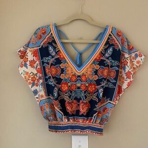 Flying Tomato Floral V-Neck Crop Top in Navy and Orange
